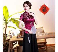 Top da donna con drago cinese, camicetta tradizionale in raso dorato, da donna, stile vintage, blu navy e rosso vino, abbigliamento estivo retrò (XL rosso vino)