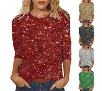 Top da donna con glitter e scollo rotondo, elegante, con maniche a 3/4, verde, XL