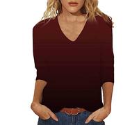 Top da donna con maniche a 3/4, estivo, tinta unita, da viaggio, carino, con scollo a V, vestibilità aderente, a mezza manica, maniche lunghe, da donna, 1d-vino, S
