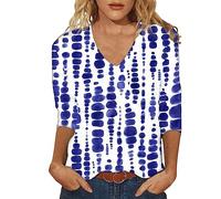 Top da donna con maniche a 3/4, estivo, tinta unita, da viaggio, carino, con scollo a V, vestibilità aderente, a mezza manica, maniche lunghe, da donna, 1e-blu, XXL