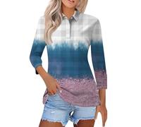 Top da donna con maniche a 3/4, moda estiva, scollo a V, risvolto, bottoni, stampa floreale, casual, a collo alto, da donna, 1f-cachi, S