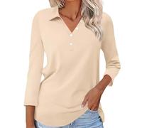 Top da donna con maniche a 3/4, scollo rotondo, polo con bottoni e risvolto, casual, estive, carine, vestibilità ampia, casual, 1A-Verde, L