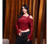 Top da donna con maniche a trombetta lunghe, spalle scoperte e rete, 2 in 1, stile occidentale vintage anni '70, adatto per il programma "The Bachelorette" L,M,S,XSColore unicoTessuto in maglia