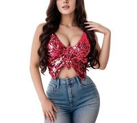 Top da donna con paillette, a forma di farfalla, sexy, con allacciatura al collo, canottiera per danza del ventre, costume da rave, rosa caldo