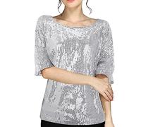 Top da donna con paillette, colore nero, a maniche corte, argento, maglia metallica, maglietta a maniche corte, tinta unita, girocollo, taglie forti, lucido, ballo, tunica, carnevale, feste, clubwear
