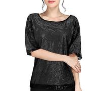 Top da donna con paillette, colore nero, a maniche corte, argento, maglia metallica, maglietta a maniche corte, tinta unita, girocollo, taglie forti, lucido, ballo, tunica, carnevale, feste, clubwear