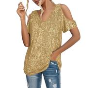 Top da donna con paillette, con scollo a V, lucido, con spalle scoperte, a maniche corte, taglie grandi, elegante, top con brillantini, vintage, paty, cocktail, club, notte, giallo., XXL