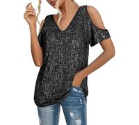 Top da donna con paillette, con scollo a V, lucido, con spalle scoperte, a maniche corte, taglie grandi, elegante, top con brillantini, vintage, paty, cocktail, club, notte, Nero , 3XL
