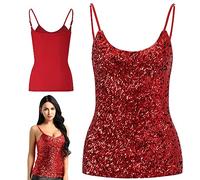 Top da donna con paillettes, canottiera senza maniche glitterata, spalline regolabili, per uso quotidiano, per discoteca, feste e costumi, Rosso, Taglia unica