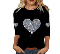 Top da Donna con Paillettes e Glitz con Maniche 3/4, Camicia da Donna Elegante con Motivo a Cuore, Top da Donna per Primavera, Casual, Moda, Streetwear, Tempo Libero, Festa, Club, Carnevale, Costumi