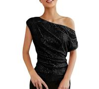 Top da donna con paillettes scintillanti monospalla increspato glitter top scintillante camicie eleganti da sera per feste, nero, XX-Large