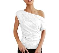 Top da donna con paillettes scintillanti monospalla increspato glitter top scintillante camicie eleganti da sera per feste, bianco, XX-Large