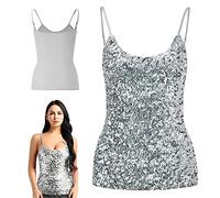 Top da donna con paillettes, senza maniche con glitter, canotta regolabile, per tutti i giorni, con spalline regolabili, Argento, Taglia unica