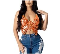 Top da donna con paillettes, top da donna con motivo a farfalla, canotta dal taglio profondo, senza maniche, per discoteca, sexy danza del ventre, elegante top con spalline sottili, Colore: arancione