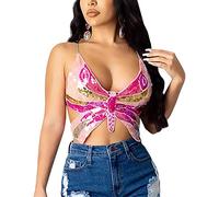 Top da donna con paillettes, top da donna con motivo a farfalla, canotta dal taglio profondo, senza maniche, per discoteca, sexy danza del ventre, elegante top con spalline sottili, f, Taglia unica