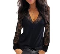 Top da Donna con Scollo a V a Maniche Lunghe T-Shirt Sexy Camicette Casual Larghe con Tinta Unita Top a Tunica Solida Top a Rete Trasparente Camicette in Pizzo T-Shirt a Maniche Lunghe Trasparente