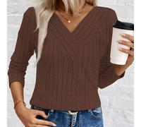 Top da donna con scollo a V e costine spazzolate LUNE, nuovo arrivo per il commercio elettronico transfrontaliero autunno/inverno L,M,S,XLColore unicoTessuto in maglia