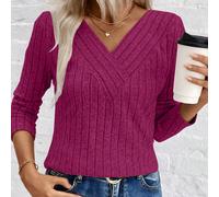 Top da donna con scollo a V e costine spazzolate LUNE, nuovo arrivo per il commercio elettronico transfrontaliero, autunno/inverno L,M,S,XLColore unicoTessuto in maglia