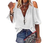 Top da donna con scollo a V e zip e spalle scoperte Camicetta da donna Manica a lanterna Scollo a V profondo Tunica con cerniera Camicie eleganti T-shirt casual larghe Camicetta da donna Top T-shirt