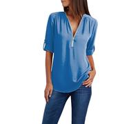 Top da donna con scollo a V, maniche corte con cerniera, tinta unita, vestibilità comoda, per un look professionale, X5-azzurro cielo, L