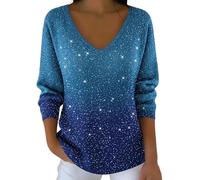 Top da donna con scollo a V, maniche lunghe, con paillette, maglietta natalizia, per feste, abbigliamento casual, Capodanno, carnevale, 21, 3XL