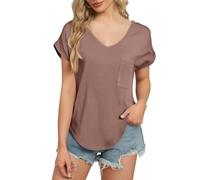 Top da donna con scollo a V | T-shirt da donna a maniche corte in tinta unita | Camicette casual larghe con tasca sul petto | Basic Summer Soft Traspirante Versatile Abbigliamento quotidiano Top base