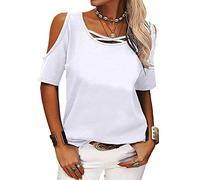 Top da donna con spalle scoperte Camicetta a maniche corte allentata con spalline Magliette basic con scollo a V da donna con spalle scoperte T-shirt casual larghe con spalle scoperte in tinta unita