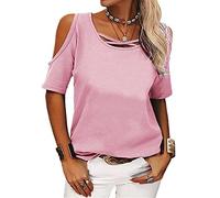 Top da donna con spalle scoperte Camicetta a maniche corte allentata con spalline Magliette basic con scollo a V da donna con spalle scoperte T-shirt casual larghe con spalle scoperte in tinta unita