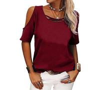 Top da donna con spalle scoperte Camicetta a maniche corte allentata con spalline Magliette basic con scollo a V da donna con spalle scoperte T-shirt casual larghe con spalle scoperte in tinta unita