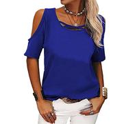 Top da donna con spalle scoperte Camicetta a maniche corte allentata con spalline Magliette basic con scollo a V da donna con spalle scoperte T-shirt casual larghe con spalle scoperte in tinta unita