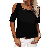 Top da donna con spalle scoperte Camicetta a maniche corte allentata con spalline Magliette basic con scollo a V da donna con spalle scoperte T-shirt casual larghe con spalle scoperte in tinta unita