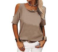 Top da donna con spalle scoperte Camicetta a maniche corte allentata con spalline Magliette basic con scollo a V da donna con spalle scoperte T-shirt casual larghe con spalle scoperte in tinta unita