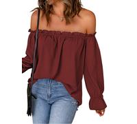 Top da Donna con Spalle Scoperte, Volant, Maniche Lunghe, Camicetta In Chif8377