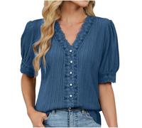 Top da donna, elegante cucitura in pizzo, camicetta leggera, a maniche corte, con scollo a V, tunica, tinta unita, con bottoni, casual, patchwork, vestibilità comoda, maglietta estiva bohémien, Blu