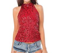 Top da donna elegante senza maniche, con paillette, top da donna, per feste, per feste, con collo alto, con scollo alto, con scollo rotondo, sexy, senza maniche, con paillettes, Colore: rosso, Taglia