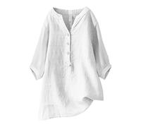 Top da donna estivo in cotone e lino di grandi dimensioni, maglietta a maniche lunghe da donna, scollo a V, camicia a mezza lunghezza, maglietta sciolta, colore puro, top con bottoni, camicetta