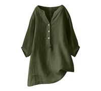Top da donna estivo in cotone e lino di grandi dimensioni, maglietta a maniche lunghe da donna, scollo a V, camicia a mezza lunghezza, maglietta sciolta, colore puro, top con bottoni, camicetta