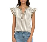 Top da donna estivo, tunica da donna, taglie forti, camicetta a righe alla moda, con colletto a contrasto e maniche a farfalla, top estivo casual per tutti i giorni, beige, S