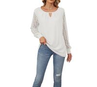 Top da donna girocollo in pizzo a maniche lunghe top scava fuori camicie pieghettate camicia leggera tinta unita camicetta alla moda allentata, Bianco, L