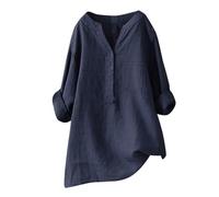 Top da donna in cotone con scollo a V, camicia in lino da donna, taglia grande, tinta unita, camicette a maniche lunghe, camicetta casual, top largo, top protezione solare abbigliamento tutti i giorni