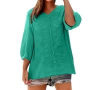 Top da donna in cotone e lino 2025 estate 3/4 maniche a lanterna camicie ricamate con scollo a V allentato T-shirt Boho Camicette vintage, Verde, XL