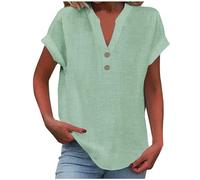 Top da donna in cotone e lino - Camicie da vacanza tipo lino - Tunica con scollo a V con bottoni a maniche corte maglietta estiva a maniche corte camicia oversize leggera per uscire, Verde menta, 5XL