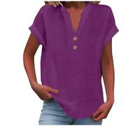 Top da donna in cotone e lino - Camicie da vacanza tipo lino - Tunica con scollo a V con bottoni a maniche corte maglietta estiva a maniche corte camicia oversize leggera per uscire, Viola, 5XL