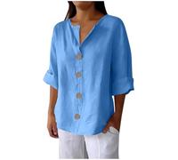 Top da donna in cotone e lino con maniche a 3/4, bottoni a tinta unita, con scollo a V, camicette leggere estive a tunica da donna UK taglie forti S-4XL 2025 Saldi Liquidazione I miei ordini Ordine