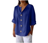 Top da donna in cotone e lino con maniche a 3/4, bottoni a tinta unita, con scollo a V, camicette leggere estive a tunica da donna UK taglie forti S-4XL 2025 Saldi Liquidazione I miei ordini Ordine