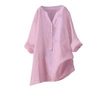 Top da donna in cotone e lino estivo con maniche ad aletta con bottoni a V, camicie a tunica alla moda ampia tinta unita camicetta casual elegante da donna ufficio camicia da lavoro petite a taglie