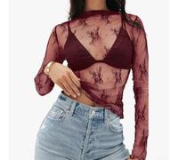 Top da donna in pizzo a rete a maniche lunghe T-shirt trasparente elegante casual pullover tinta unita per uscire fuori top S-XL (Vino rosso S)