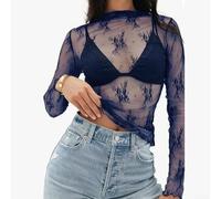 Top da donna in pizzo a rete a maniche lunghe T-shirt trasparente elegante casual pullover tinta unita per uscire fuori top S-XL (blu L)