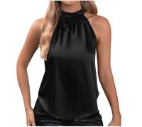 Top da donna in raso, casual, senza maniche, con scollo a chiave e colletto alto, camicetta sexy estiva con silhouette curva, Nero , L