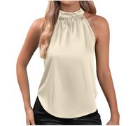 Top da donna in raso, casual, senza maniche, con scollo a chiave e colletto alto, camicetta sexy estiva con silhouette curva, beige., XL